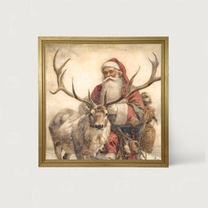 Santa and Reindeer [Framed Print]  Rustic Christmas art | Reindeer artwork