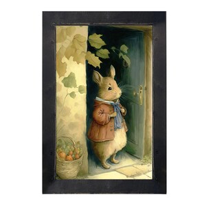 May include: A framed illustration of a brown mouse wearing a red jacket and blue scarf standing in a doorway. The mouse is holding a basket of fruit.