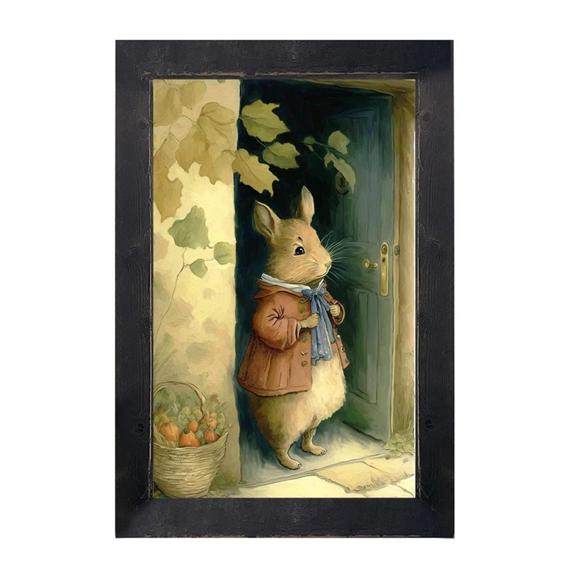 May include: A framed illustration of a brown mouse wearing a red jacket and blue scarf standing in a doorway. The mouse is holding a basket of fruit.