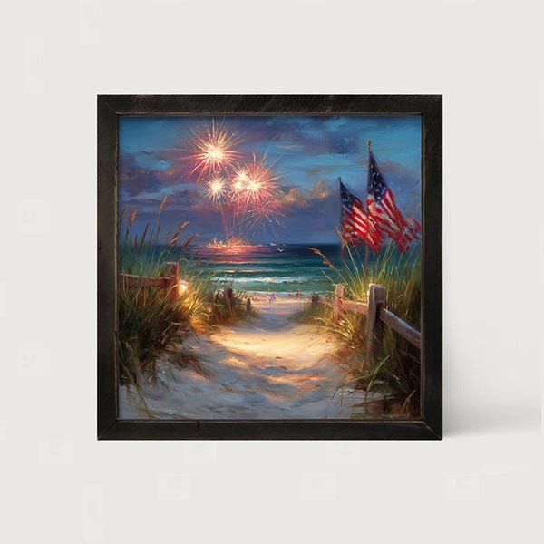 Sandy Path Fireworks: [Framed Print] Coastal 4th of July wall art | Fireworks beach art