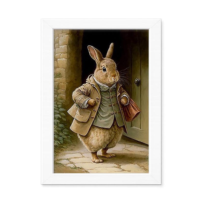 K&ouml;nnte beinhalten: Ein gerahmter Kunstdruck, der einen braunen Hasen zeigt, der aufrecht vor einer Holzt&uuml;r steht. Der Hase tr&auml;gt eine beigefarbene Jacke &uuml;ber einer gr&uuml;nen Weste und h&auml;lt eine kleine rote Tasche. Die Szene zeigt eine Steinmauer und einen Steinweg.