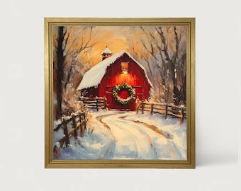 Red Barn at Christmas [Framed Print] Farmhouse Christmas decor | Winter Landscape snowy Barn