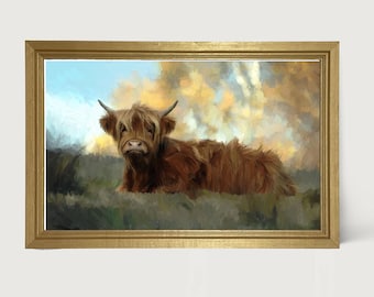May include: A painting of a brown Highland cow lying in a field with a cloudy sky in the background.