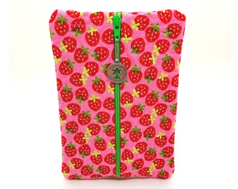 Quilted pouch, zipper bag, makeup bag, sewing kit, clutch purse, in the hoop, purse organizer, gift for her, project bag, strawberry fabric