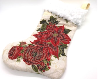 Christmas stocking, poinsettias, fur trimmed, stockings, stocking stuffer, small sock, Christmas decoration