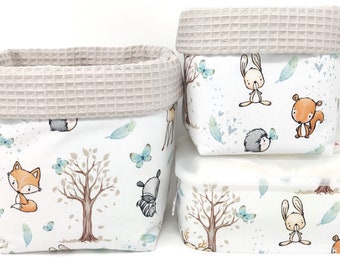 From 11.95 euros, fabric baskets forest friends spring & light beige, SET choice, deer, fox, rabbit, hedgehog, waffle pique, utensils, storage, organizer