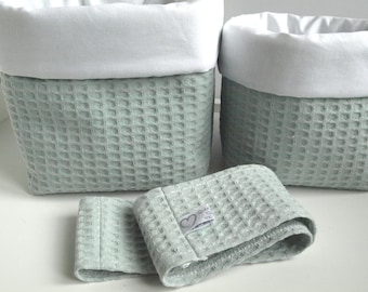 From 11.50 euros, waffle pique dusty mint/white, utensil, fabric baskets, utensil, wet wipes box cover