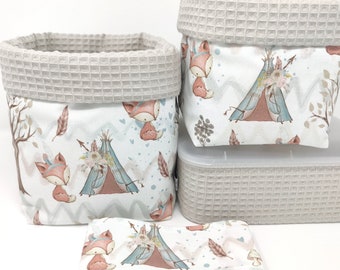 From 11.95 euros, fabric baskets fox & light beige, SET choice, individual choice, fox, forest, tent, tree, waffle pique, utensils, storage, organizer