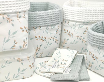 from 11,95 Euro, willow branches & waffle pique dusty mint, fabric baskets, SET choice, single choice, utensils, storage, changing table, willow catkins