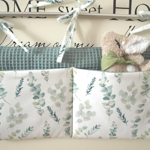 Bed utensil, 2 compartments, eucalyptus & waffle pique old green or dusty mint, bed bag, cloth bag, organizer