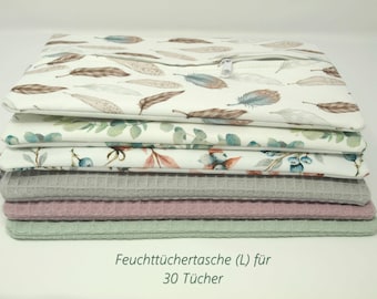 30 wipes, wet wipe pouch (L) coated, choice of motif, for 30 wipes, wet wipes, feathers, eucalyptus, waffle pique, blueberry