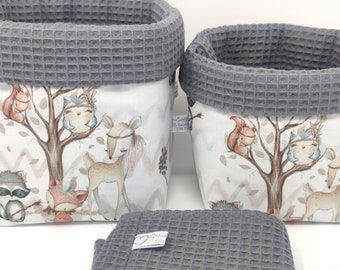 From 11,95 Euro, fabric baskets Waldfreunde & Waffelpique anthracite SET-Wahl, individual choice, deer, fox, raccoon, rabbit, utensils, storage