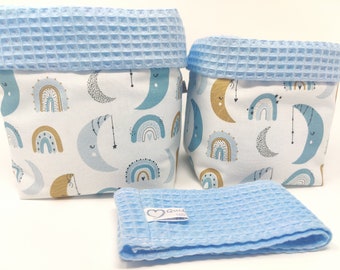 From 11.95 euros, moon + rainbow & waffle pique light blue, rainbow, fabric baskets, SET choice, individual choice, utensils, storage, changing table