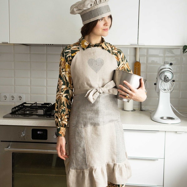 Natural Linen Romantic Apron, Natural linen Chef's hat, Adjustable Back, For Adult