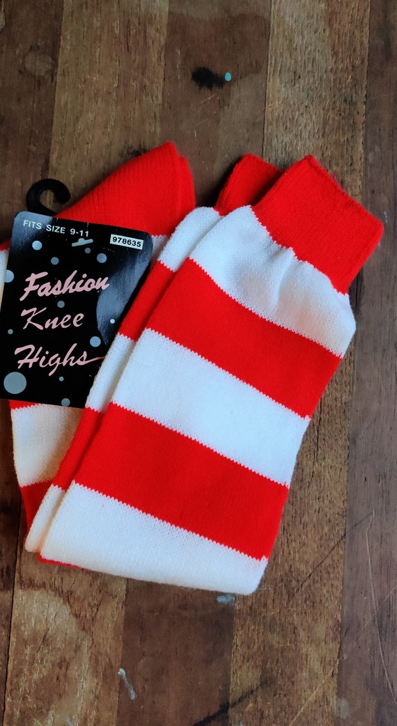 Vintage Knee High Socks Red White Stripes 80s Cand