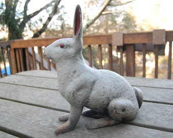 REDUCED! - Cast Iron Rabbit Doorstop with Original Paint 11 1/2" Tall Very Heavy - Antique Cast Iron White Rabbit Door Stop Yard Art - Hare