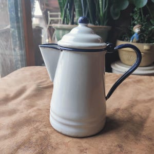 Vintage White Enamelware Coffee Tea Pot White Blue Farmhouse Cottage French Country 8&quot; Rustic Minimalist Neutral