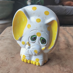 Vintage Elephant Coin Bank Kitschy Ceramic 1960s Yellow Green Japan Wrinkles Polka Dots Fun No Stopper