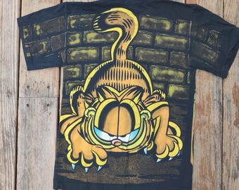 Vintage 90s Garfield T-shirt Black 1995 Big Face Cartoon Single