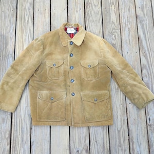 May include: A tan corduroy jacket with four front pockets and blue buttons. The jacket has a collared neckline and a plaid lining visible at the collar. The jacket is laid out on a wooden surface.