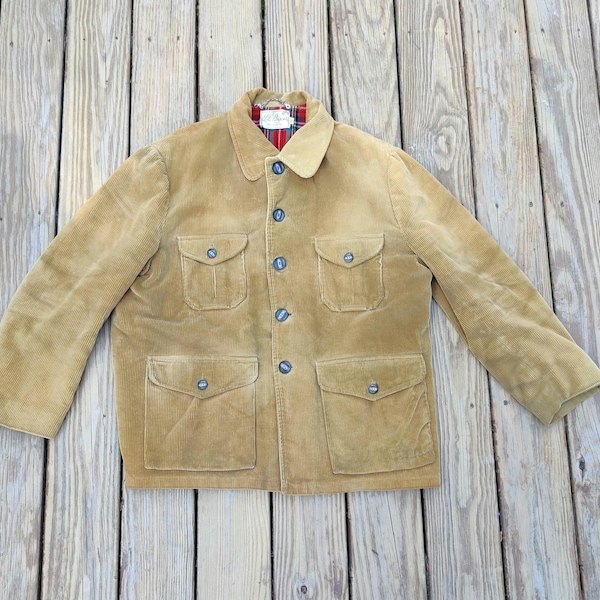 1950s LL Bean Corduroy Jacket Chore Field Coat 48 READ Brown Wide Wale Wool Lining Red Plaid White Script Label True Vintage