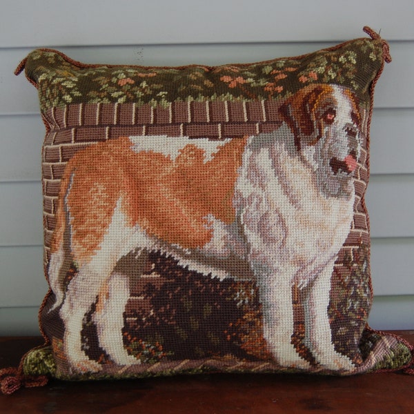 Vintage Needlepoint  St. Bernard Dog Throw Pillow 13" x 13" Very Plush Firm Velvet Velour Backing 1991 Imperial Elegance