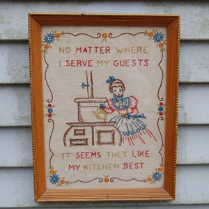 Vintage Embroidery Kitchen Tea Kettle Pot Belly Stove Victorian Folk Art Mothers Day Linen Framed Cast Iron Wall Hanging
