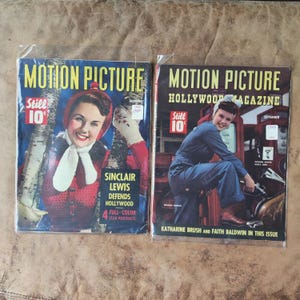 Motion Picture Magazine Lot of 2, 1942 1943 Deanna Durbin Hollywood Movies 10 Cents Advertisements WWII Cigarettes 40s Color Pullout Photos