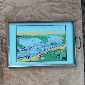Niagara Falls Serving Tray Metal Glass 18&quot; x 10 3/4&quot; Pastel Colors Glitter Midcentury Travel Souvenir Canada New York Waterfall Ontario