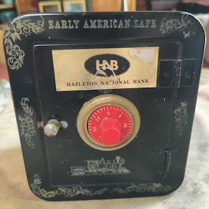 Vintage Coin Bank Early American Safe Hazleton National Bank Pennsylvania Combination Lock Locomotive Steam Train Tabletop Footed Metal