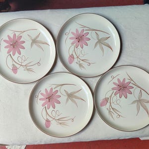 May include: A set of four round ceramic plates with an off-white base color. Each plate features a decorative pattern of a pink flower with brown stems, leaves, and swirling line accents. The plates have a thin brown rim around the edge.