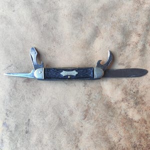 Vintage Camco Utility Pocket Knife Folding Multitool USA Jackknife 2 Knives Screwdriver Bottle Cap Opener Faux Wood Grain Black Sides