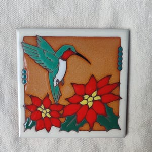 Hummingbird Poinsettia Ceramic Wall Art Tile Trivet Vintage Masterworks USA 6x6"