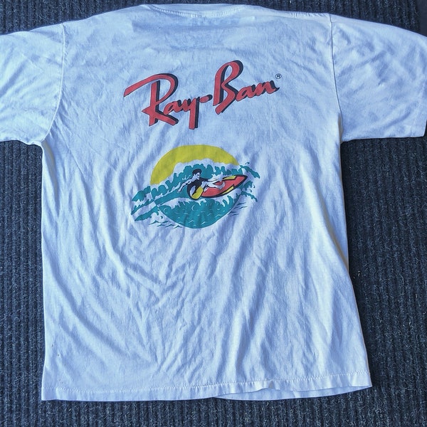 Vintage Ray Ban Sunglasses Surfer American Logo T-Shirt Single Stitch Spellout Logo One Size Fits All 80s 90s Stains Made In USA