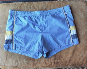 Vintage Jantzen USA Size 36 Swim Trunks Short Shorts Bathing Suit Pastels Light Blue Pockets Drawstring Liner Colorblock High Waist