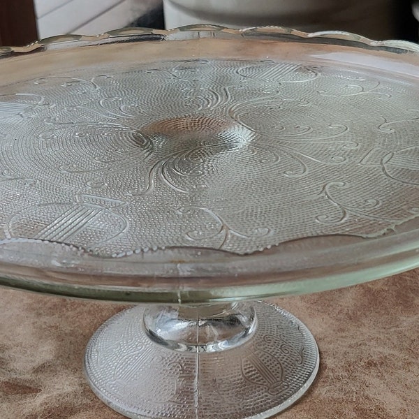 Vintage Cake Stand 10" Jeannette Pressed Glass Harp Lyre Pebbled Midcentury Footed Pedestal Scalloped Edge