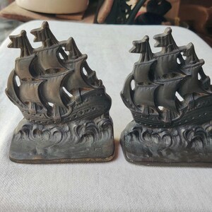 Nautical Ship Bookends Cast Bronze Heavy Clipper Spanish Galleon Beach House 149 Pirate Patina Sailing Rolling Waves
