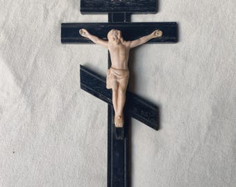 Vintage Religious INRI 3 Bar Cross 14x7.5" Cast Metal Altar Orthodox Christian Catholic