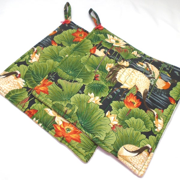 Ducks & cranes in a lily pond handmade quilted double insulated potholders set of two green brown blue green orange