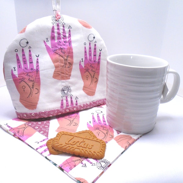 Palm reader diagrams with astrology symbols handmade quilted & insulated dome shape mug cozy and mug mat/mug rug tan pink white