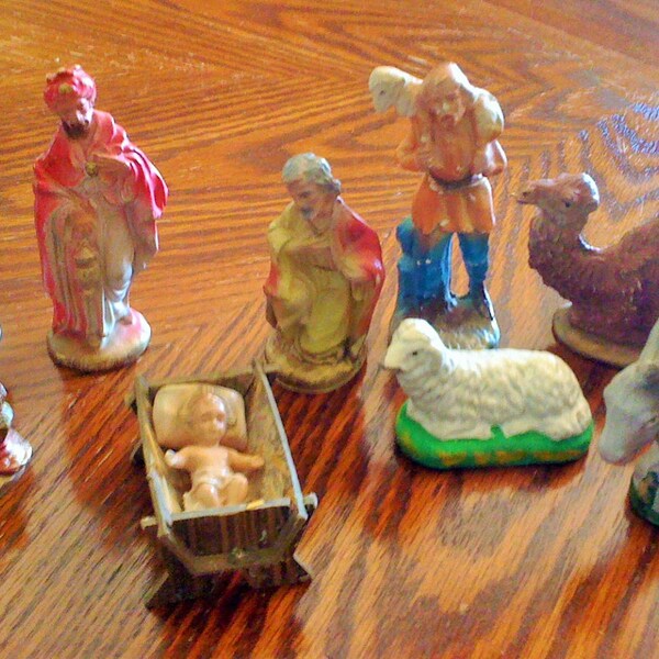 9 Nativity Figures, Vintage, Paper Mache, Celluliod, Replacements, Baby Jesus, Manger, Wise Men, Shepherd, Joseph, Sheep, Donkey, Camel