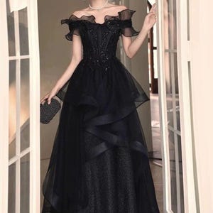Black Off Shoulder Tulle Prom Dress,Fairy Ball Dress,Evening Party Dress,Birthday Dress,Cocktail Dress,Elegant Party Dress,Long Prom Dress