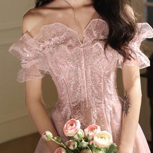 Pink Off Shoulder Evening Prom Dress,Fairy Ball Dress,Birthday Graduation Bridesmaid Dress,Cocktail Dress,Elegant Party Dress,Gifts for Her
