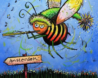 Phoebe the Flautest Free Bee Art Print, Flute, Orchestra Art by John Donato, matted - ready to frame, great gift