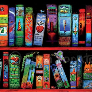 May include: A colorful illustration of a bookshelf filled with books. The books have whimsical titles and illustrations. The books on the top shelf include "Passion for Sea Glass", "Gift", "My Imaginary Sunrise", "The Hunt for the Unicorn", "Mobey Dick", "Big", "Wild on the Beach", and "On the Beach". The books on the bottom shelf include "The Life of Pi", "A I Lay Freyling", "Bind of Frey", "Puff the Magic Dragon", "Land Family", "Faldeniet 451", "The Illustrated Bible", "Red Fear", "Puff Magic Dragon", "Jane Eyre", and "Corsan Gray".