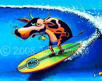 Cowabunga Cow Surfing Art Print, Bluebird Print, Birds, Cows, Holstein Art, Surfboard Art Print, Great Gift Idea