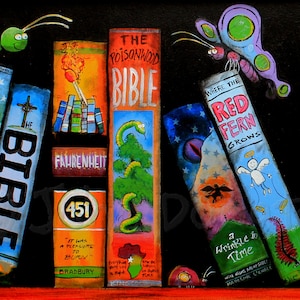 May include: A colorful illustration of a bookshelf with various books, including "The Poisonwood Bible", "Fahrenheit 451", "Where the Red Fern Grows", "Le Petit Prince", and "Puff, the Magic Dragon". The books are painted in a whimsical style with bright colors and details.