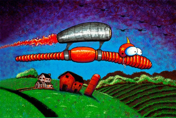 Rocket Worm Art Print by John Donato, Whimsical Earthworm With Jet Pack,  Pilot, Aviation Gift, Pilot Gift, Children's Art, Farm Art -  Denmark