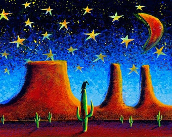Lone Buzzard Desert Art Print, Stars, Evening Sky Art, Cactus Art, Desert Print, Mesa Art, South Western Art, Desert Landscape Art