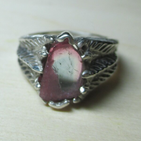 Gorgeous leaf style watermelon tourmaline sterling silver ring